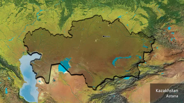 哈萨克斯坦边境地区的特写镜头 用地形图上的黑暗阴影突出显示 资本点 这个国家的边缘呈斜角状 国家及其首都的英文名称 — 图库照片
