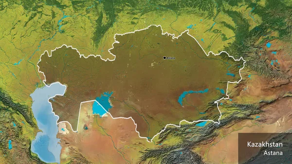 哈萨克斯坦边境地区的特写镜头 用地形图上的黑暗阴影突出显示 资本点 概略地描述一下国家的面貌 国家及其首都的英文名称 — 图库照片