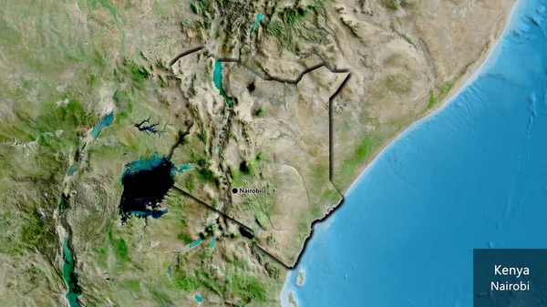 stock image Close-up of the Kenya border area on a satellite map. Capital point. Bevelled edges of the country shape. English name of the country and its capital