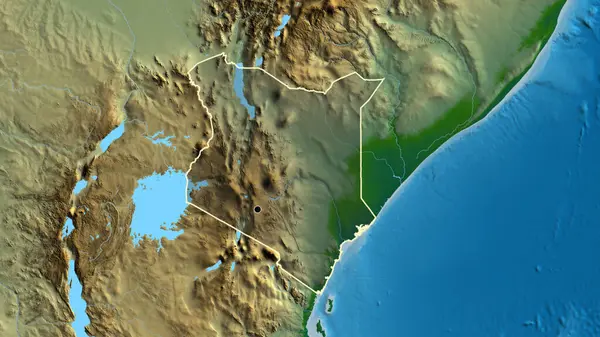 物理的な地図上の暗いオーバーレイで強調ケニア国境地域のクローズアップ 資本ポイント 全国の概要 — ストック写真