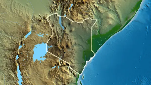 物理的な地図上の暗いオーバーレイで強調ケニア国境地域のクローズアップ 資本ポイント 全国に光る — ストック写真