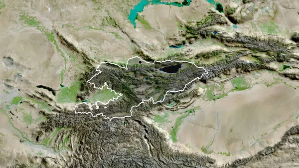 Närbild Kirgizistans Gränsområde Med Mörk Överlagring Satellitkarta Huvudpunkt Skissera Runt — Stockfoto