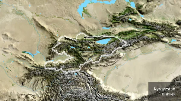 Close Van Het Grensgebied Van Kirgizië Een Satellietkaart Hoofdpunt Gloeien — Stockfoto