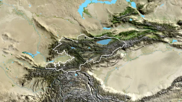 衛星地図上の暗いオーバーレイで強調キルギス国境地域のクローズアップ 資本ポイント 全国の概要 — ストック写真