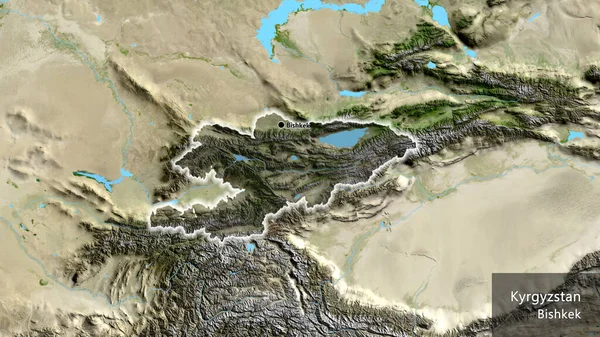 衛星地図上の暗いオーバーレイで強調キルギス国境地域のクローズアップ 資本ポイント 国の形の周りに光る 英名国とその首都 — ストック写真