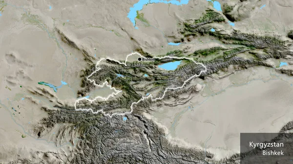 衛星地図上のキルギス国境地帯の閉鎖 資本ポイント 国の形の周りに光る 英名国とその首都 — ストック写真