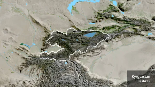 Kırgızistan Sınır Bölgesinin Uydu Haritasında Koyu Bir Örtüyle Işaretlenmiş Yakın — Stok fotoğraf