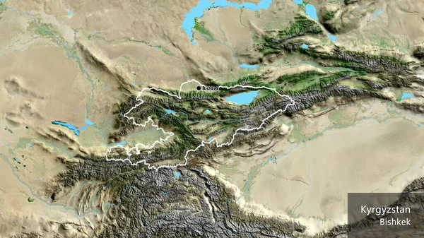 卫星地图上吉尔吉斯斯坦边境地区的特写 资本点 概略地描述一下国家的面貌 国家及其首都的英文名称 — 图库照片
