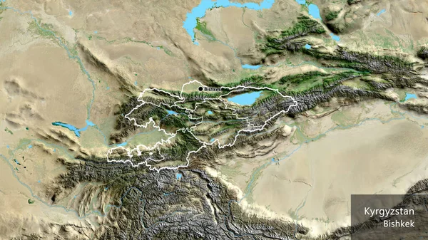 キルギス国境地域の閉鎖と衛星地図上のその地域の境界線 資本ポイント 国の形の周りの概要 英名国とその首都 — ストック写真