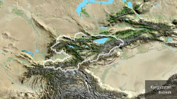 衛星地図上のキルギス国境地帯の閉鎖 資本ポイント 国の形の周りに光る 英名国とその首都 — ストック写真