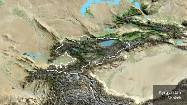 吉尔吉斯斯坦边境地区的特写镜头 用卫星地图上的黑暗覆盖突出显示 资本点 概略地描述一下国家的面貌 国家及其首都的英文名称 — 图库照片