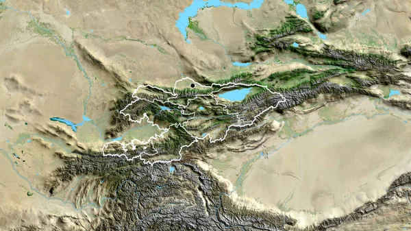 Kırgızistan Sınır Bölgesinin Onun Bölgesel Sınırlarının Uydu Haritasında Yakın Çekimleri — Stok fotoğraf
