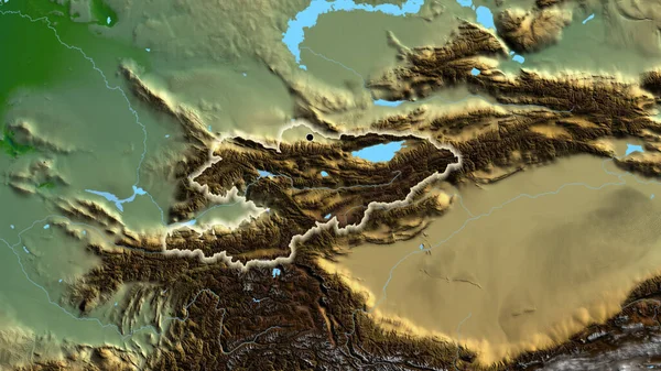 Zbliżenie Granicy Kirgistanu Fizycznej Mapie Główny Punkt Blask Wokół Kształtu — Zdjęcie stockowe