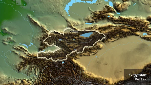 Close Kyrgyzstan Border Area Highlighting Dark Overlay Physical Map Capital — Stock Photo, Image