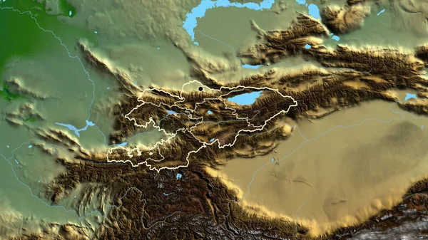 キルギス国境地域とその地域の境界線の物理的な地図上のクローズアップ 資本ポイント 全国の概要 — ストック写真