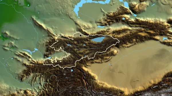物理的な地図上の暗いオーバーレイで強調キルギス国境地域のクローズアップ 資本ポイント 全国の概要 — ストック写真