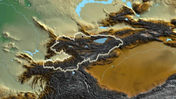 Detailní Záběr Pohraniční Oblasti Kyrgyzstánu Zvýrazňující Tmavou Vrstvu Reliéfní Mapě — Stock fotografie