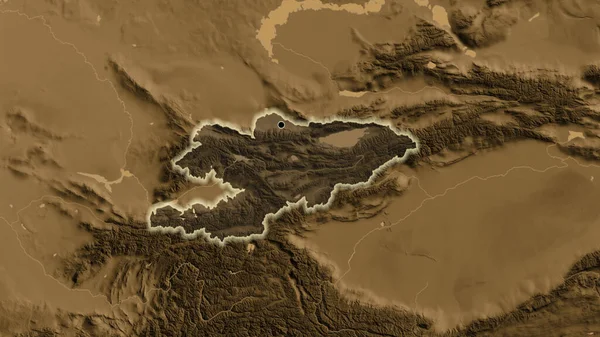 Närbild Kirgizistans Gränsområde Med Ett Mörkt Överdrag Karta Över Sepiahöjder — Stockfoto
