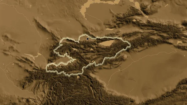 Kırgızistan Sınır Bölgesinin Yakınındaki Sepya Yüksekliği Haritasında Ana Nokta Ülke — Stok fotoğraf