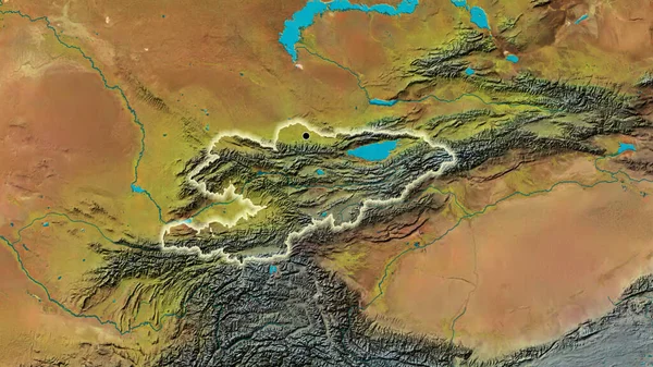 Närbild Kirgizistans Gränsområde Topografisk Karta Huvudpunkt Glow Runt Landet Form — Stockfoto