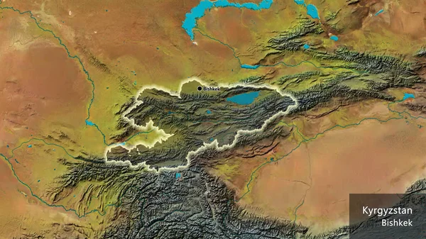 Närbild Kirgizistans Gränsområde Med Ett Mörkt Överdrag Topografisk Karta Huvudpunkt — Stockfoto