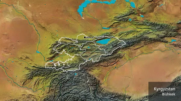 Närbild Kirgizistans Gränsområde Och Dess Regionala Gränser Topografisk Karta Huvudpunkt — Stockfoto