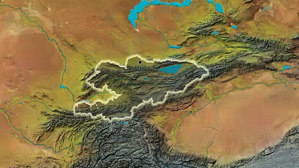 Detailní Záběr Pohraniční Oblasti Kyrgyzstánu Zvýrazňující Tmavou Vrstvu Topografické Mapě — Stock fotografie