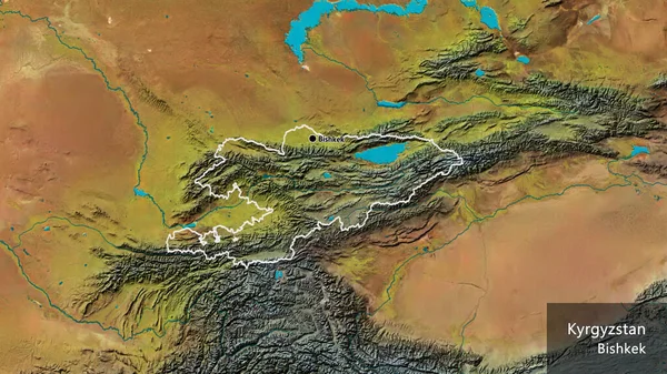 Närbild Kirgizistans Gränsområde Topografisk Karta Huvudpunkt Runt Landet Landets Engelska — Stockfoto