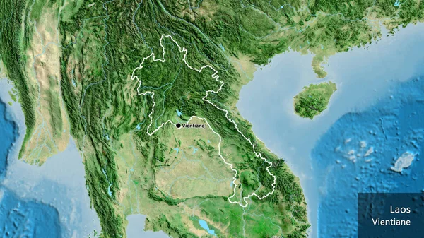 衛星地図上のラオス国境地帯の閉鎖 資本ポイント 国の形の周りの概要 英名国とその首都 — ストック写真