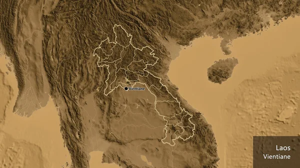 ラオス国境地域とその地域の境界線の閉鎖は セピアの標高地図上で 資本ポイント 国の形の周りの概要 英名国とその首都 — ストック写真