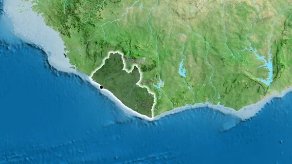 リベリア国境地域のクローズアップは 衛星地図上の暗いオーバーレイで強調されています 資本ポイント 全国に光る — ストック写真
