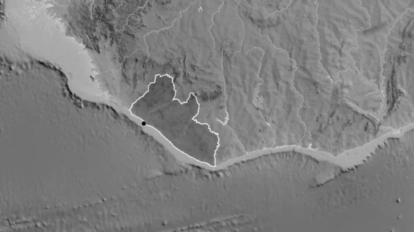リベリア国境地域のクローズアップは グレースケールの地図上の暗いオーバーレイで強調されています 資本ポイント 全国の概要 — ストック写真