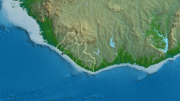 在一张实景地图上对利比里亚边境地区及其区域边界进行密切监视 资本点 国家形貌概述 — 图库照片