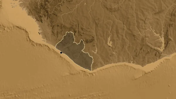Detailní Záběr Pohraniční Oblasti Libérie Zvýrazňující Tmavý Překryv Mapě Nadmořské — Stock fotografie