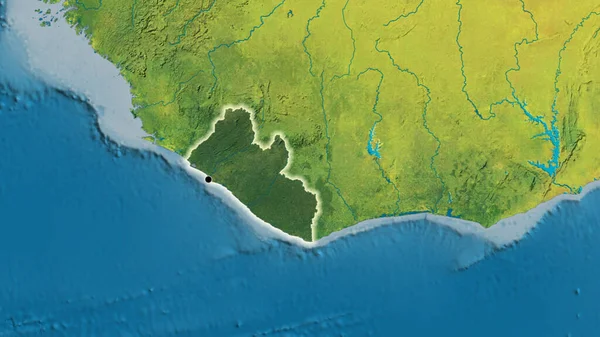 リベリア国境地域のクローズアップは 地形図上の暗いオーバーレイで強調表示されます 資本ポイント 全国に光る — ストック写真