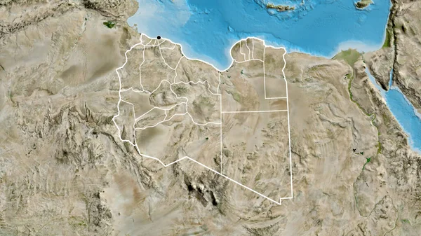 Närbild Libyens Gränsområde Och Dess Regionala Gränser Satellitkarta Huvudpunkt Skissera — Stockfoto