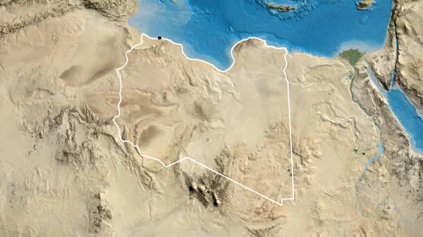 Närbild Libyens Gränsområde Satellitkarta Huvudpunkt Skissera Runt Landet Form — Stockfoto