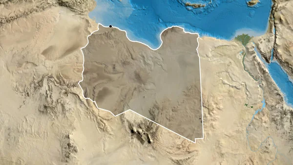 Zbliżenie Strefy Przygranicznej Libii Ciemnymi Nakładkami Mapie Satelitarnej Główny Punkt — Zdjęcie stockowe
