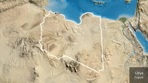 Close Área Fronteiriça Líbia Mapa Satélite Ponto Capital Brilha Volta — Fotografia de Stock