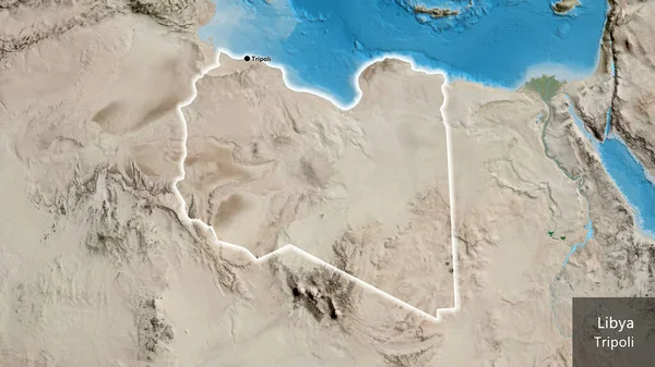 Close Área Fronteiriça Líbia Mapa Satélite Ponto Capital Brilha Volta — Fotografia de Stock