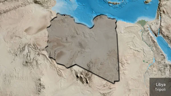 衛星地図上の暗いオーバーレイで強調リビア国境地域のクローズアップ 資本ポイント 国の形の縁が隠されています 英名国とその首都 — ストック写真