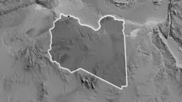 Close Libya Border Area Highlighting Dark Overlay Grayscale Map Capital — Stock Photo, Image