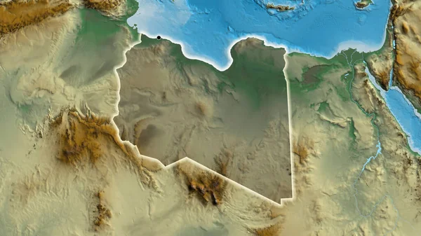 在利比亚边境地区的特写镜头突出显示了一张救济地图上的黑暗阴影 资本点 风靡全国 — 图库照片