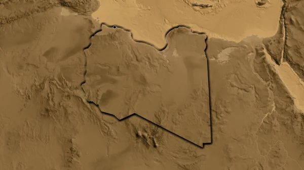 在一张黑色高地地图上对利比亚边境地区进行的密切监视 资本点 国家形状的斜边 — 图库照片