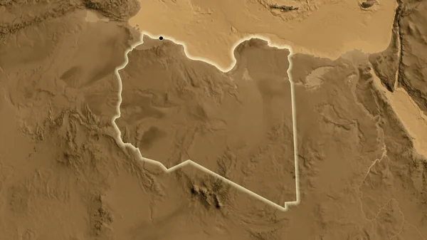 Närbild Libyens Gränsområde Karta Över Sepiahöjder Huvudpunkt Glow Runt Landet — Stockfoto
