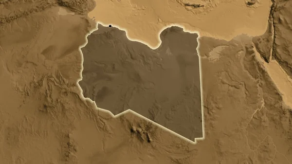 Närbild Libyens Gränsområde Med Ett Mörkt Överdrag Karta Över Sepiahöjder — Stockfoto