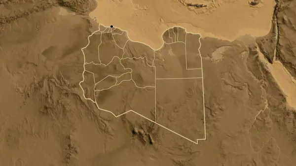 リビア国境地域とその地域の境界線の閉鎖は セピアの標高地図上にあります 資本ポイント 全国の概要 — ストック写真