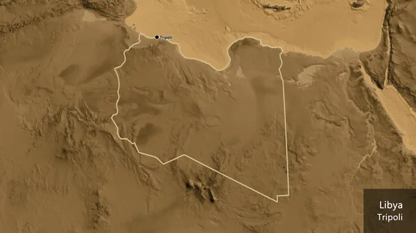 Primer Plano Zona Fronteriza Libia Mapa Elevación Sepia Punto Capital —  Fotos de Stock