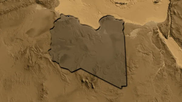 利比亚边境地区的特写镜头突出显示了黑色的覆盖在黑色的高程地图上 资本点 国家形状的斜边 — 图库照片