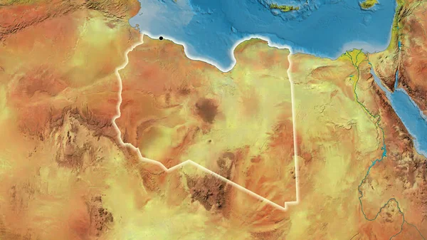 Närbild Libyens Gränsområde Topografisk Karta Huvudpunkt Glow Runt Landet Form — Stockfoto
